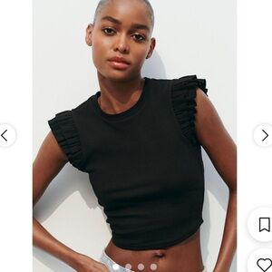 Zara Black Ribbed Cropped Frill Short Sleeve Shirt Women’s Size S